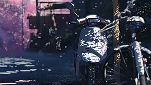 white motor scoter, anime, landscape, 5 Centimeters Per Second, Makoto Shinkai 