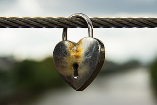 selective focus photo of grey metal heart padlock