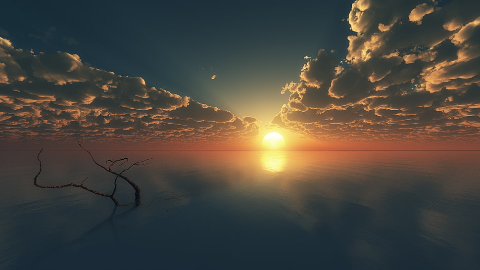 clouds under blue sky reflecting on the ocean during sunset HD wallpaper