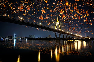 landscape photo of black bridge, landscape, bridge, night, sky lanterns