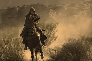 man riding on horse during daytime digital wallpaper