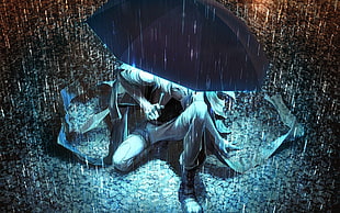 white-haired person under umbrella fanart, anime, neon, rain, umbrella HD wallpaper
