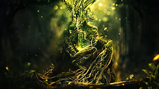 green tree illustration, roots, trees, door, branch