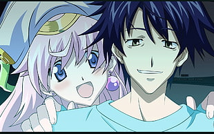 pink-haired female anime character behind black-haired male anime character