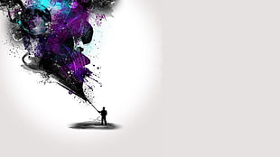 silhouette of man holding purple and black illustration