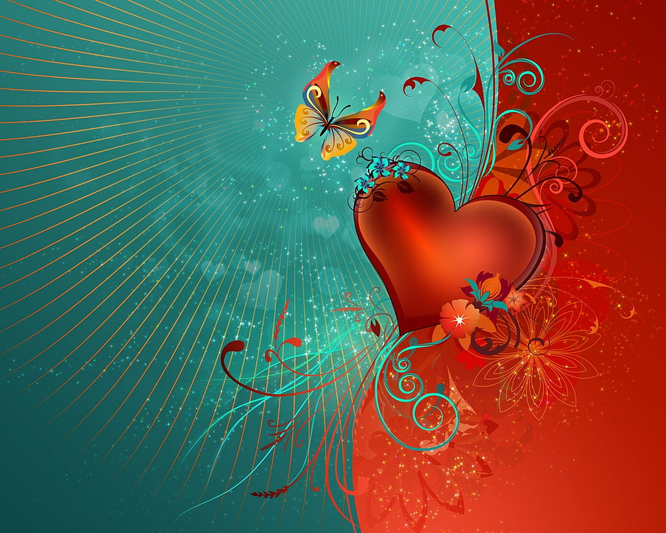 red heart and yellow butterfly art HD wallpaper