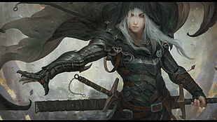 fantasy art, sword, cloaks, white hair
