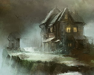 gray house painting, fantasy art, spooky, house