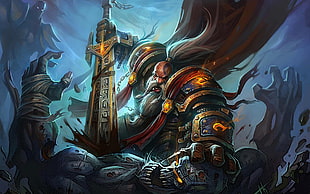 knight fighting monsters illustration HD wallpaper