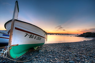 white and green boat on shore during sunset