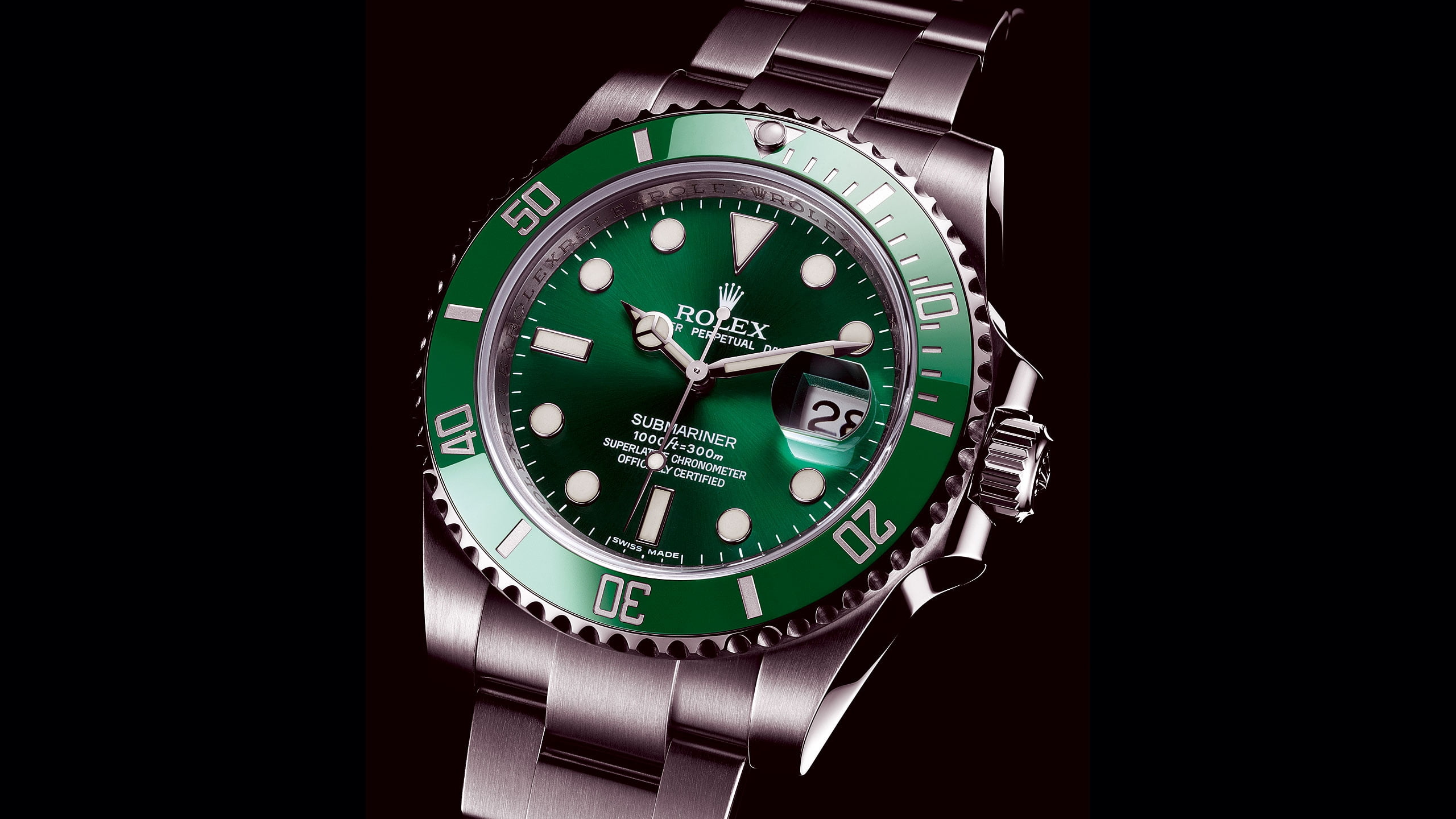 3840x2160 resolution | round green analog Rolex watch with silver link ...