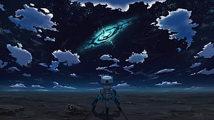 blue anime robot, night, space, Rakuen Tsuihou, stars