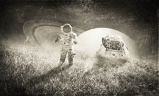 grayscale photo of astronaut, monochrome, space art, astronaut