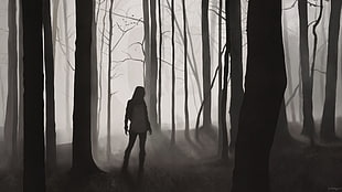 silhouette of person and trees, Joakim Olaussen, forest, dark, digital art