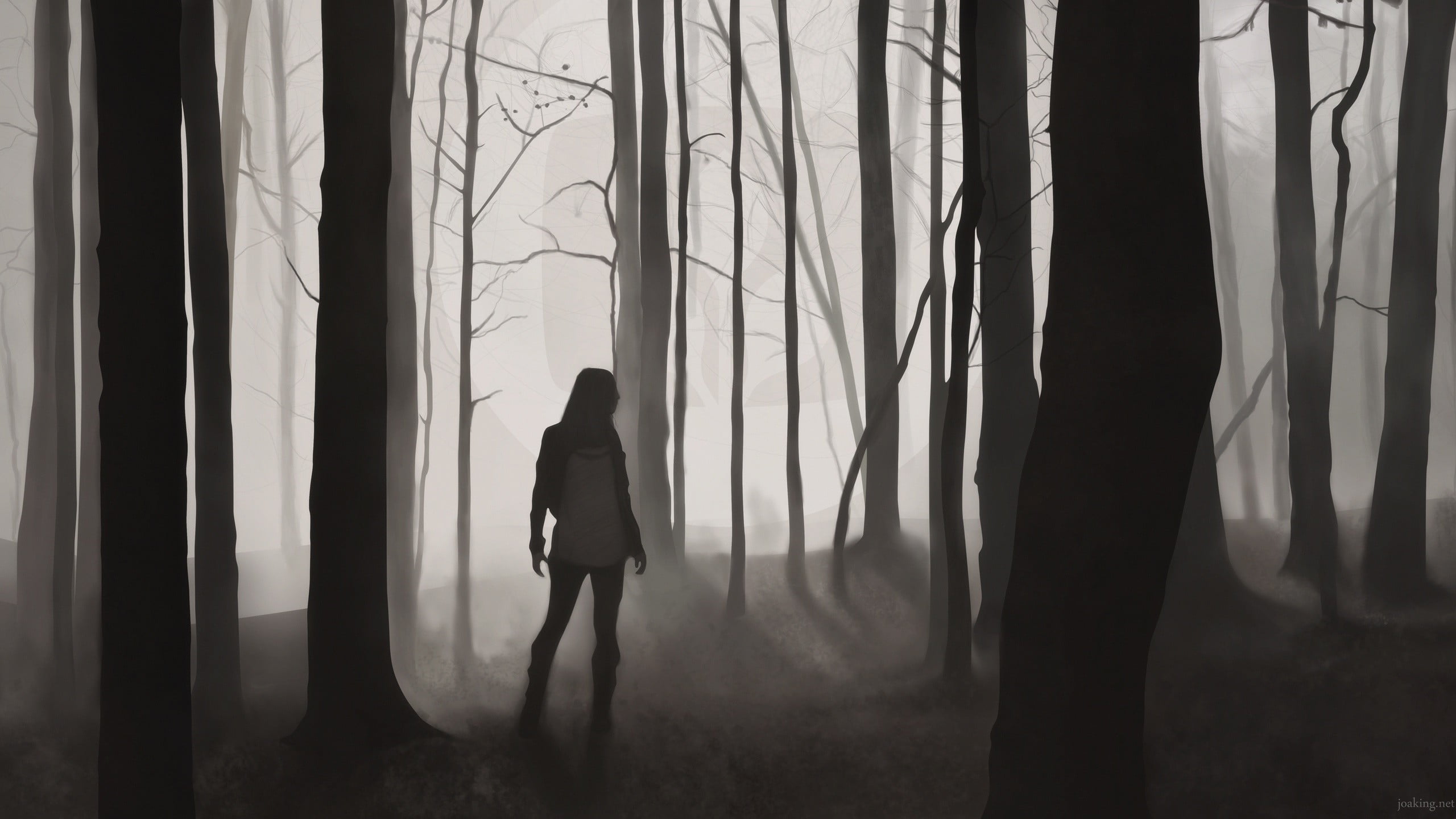 silhouette of person and trees, Joakim Olaussen, forest, dark, digital art