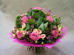 pink and green Rose and Kale bouquet
