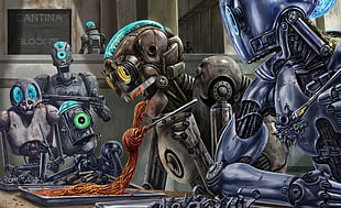 robot game digital wallpaper, artwork, robot, spaghetti