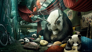 panda bear 3D illustration, Desktopography, animals, panda, digital art HD wallpaper