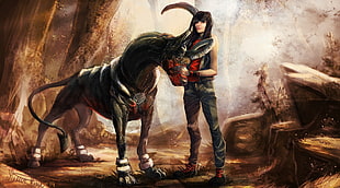 woman taming creature illustration HD wallpaper
