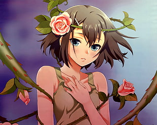 brown hair woman anime character with rose on head