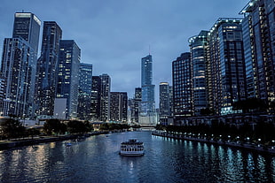 white barge, building, lights, river, Chicago