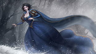 female anime character in blue gown running digital wallpaper