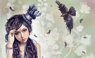 black haired female beside black bird illustration