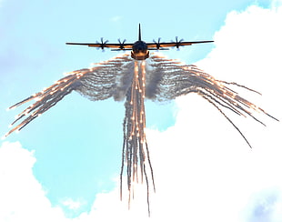 gray fighter plane, aircraft, military aircraft, Lockheed C-130 Hercules, flares