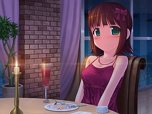 woman wearing purple top anime character sitting on chair