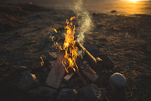 gray stone and bonfire, fire, rock, wood, sunset