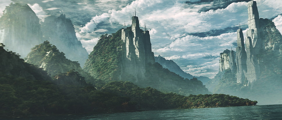 castle and lake, fantasy art, nature, landscape, mountains HD wallpaper