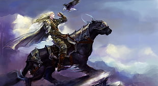 yellow haired anime character riding on black wolf