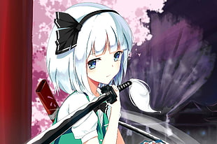 white haired female anime character, Konpaku Youmu, short hair, silver hair, Touhou HD wallpaper