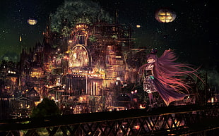 anime character graphic wallpaper, original characters, cityscape, night HD wallpaper