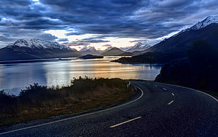 white and black boat on body of water painting, landscape, road, mountains, clouds