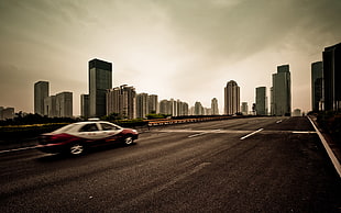 red and gray sedan, city, car, road, motion blur