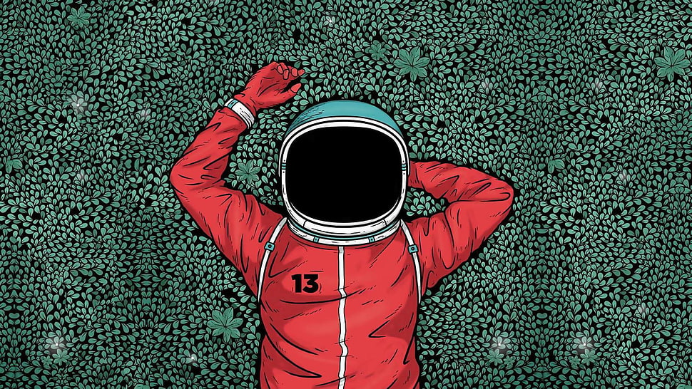 red astronaut artwork, artwork, astronaut, grass HD wallpaper