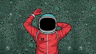 red astronaut artwork, artwork, astronaut, grass
