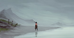 person standing on sea shore painting, fantasy art, landscape, scarf