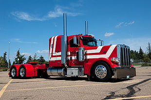 red and white tractor unit, vehicle, Peterbilt, Truck