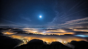 aerial view photography of body of water, Switzerland, mountains, night, mist HD wallpaper