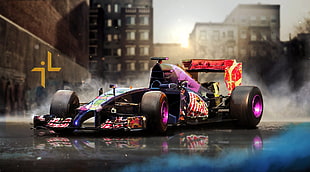 black, purple, and red racing car, car, smoke, city, reflection