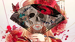 person holding fan illustration, blonde, skull, butterfly, roses