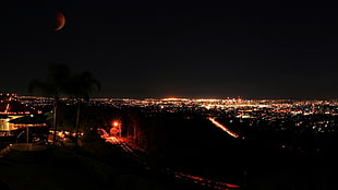 black parasol, Los Angeles, city, Moon, night view