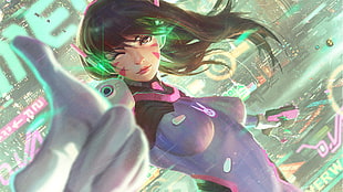 female anime character, Overwatch, D.Va (Overwatch), gun HD wallpaper