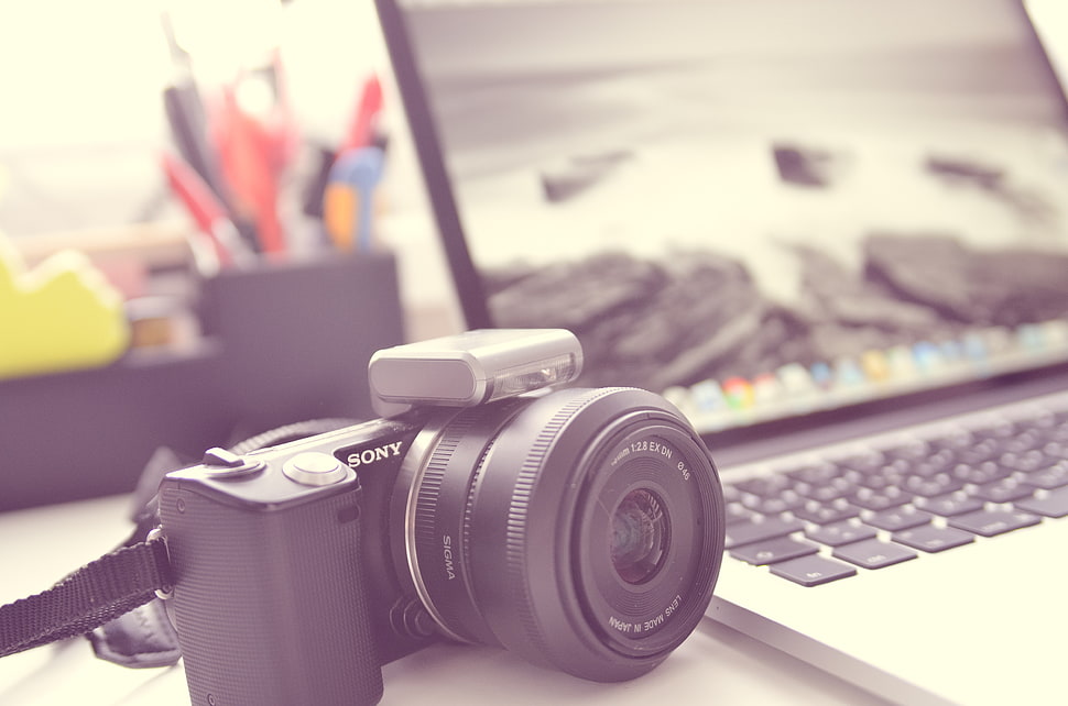 black Sony point-and-shoot camera HD wallpaper