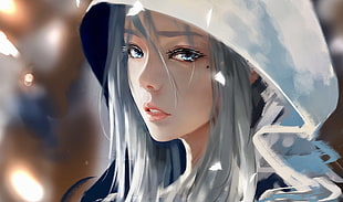 white-haired female anime character with hood, WLOP, digital art, drawing, women