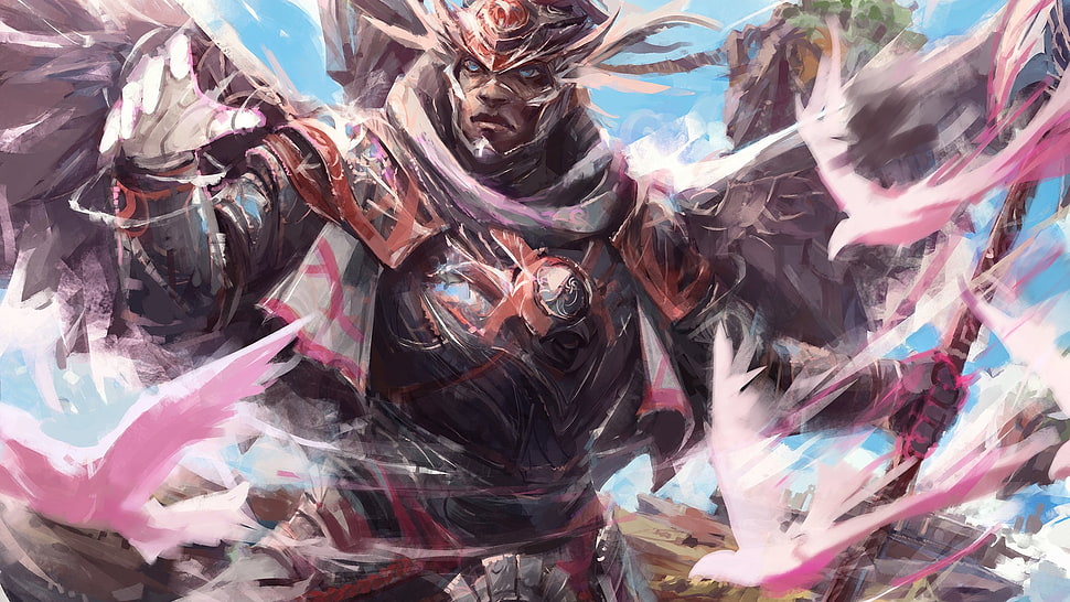 man wearing black and orange armor painting, digital art, anime, fantasy art, warrior HD wallpaper