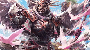 man wearing black and orange armor painting, digital art, anime, fantasy art, warrior