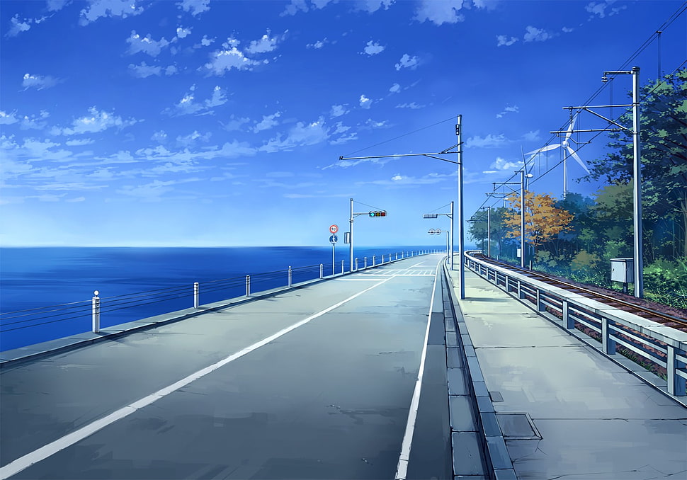 gray asphalt road, city, sea, landscape, anime HD wallpaper